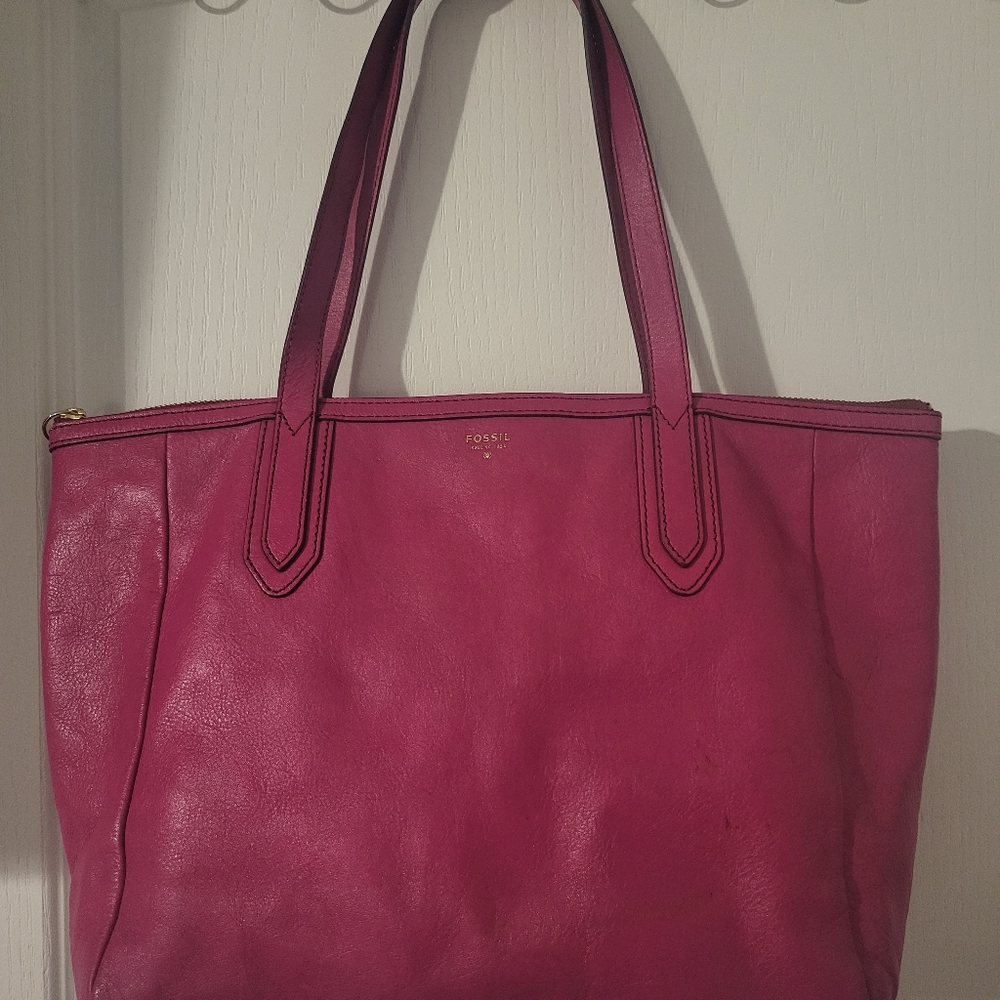 Fossil Pink Large vintage cowhide leather satchel bag back pocket + inside GUC